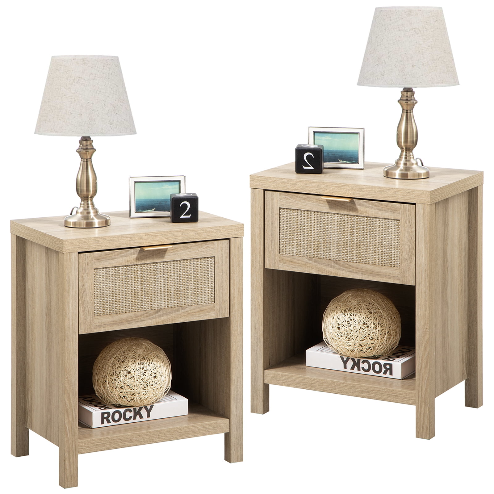 Boowill Nightstands Set of 2, Farmhouse Boho Bedside Tables Rattan