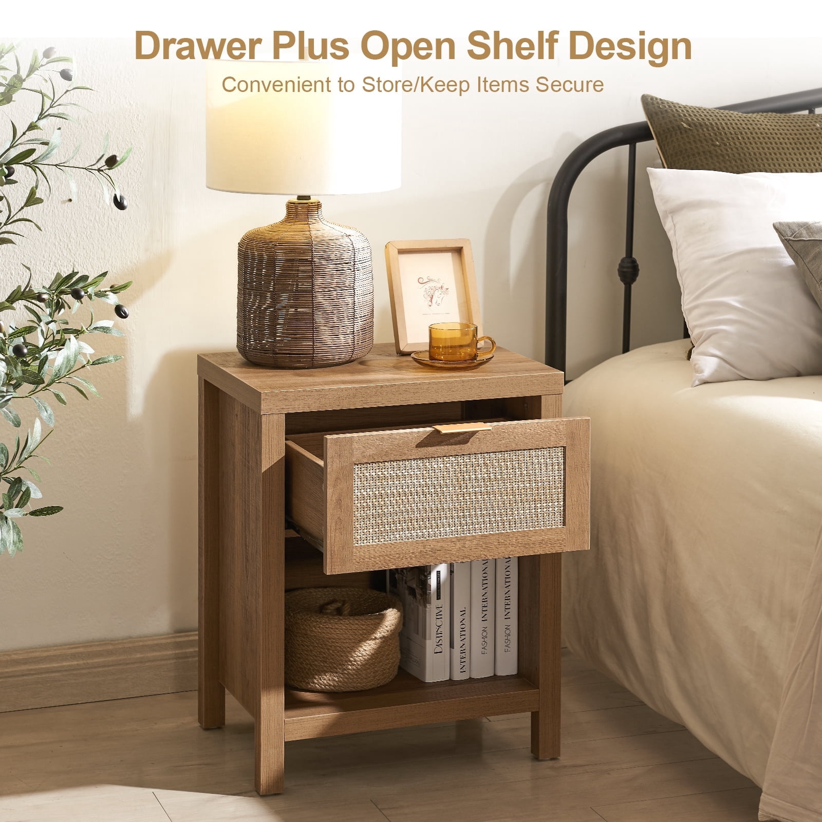 Boowill Rattan Nightstand Farmhouse Boho Bedside Tables with Drawer and ...