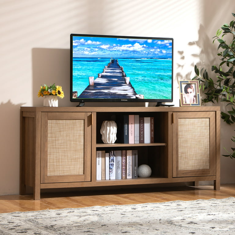 Anmytek Farmhouse Rattan TV Stand for 65 Inch TV Rustic TV Console Table  with 2 Rattan Doors Modern Entertainment Center for Living Room Bedroom  H0033