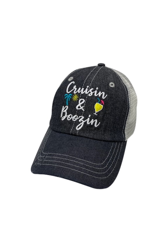 Boozin and Cruisin Embroidered Baseball Hat Mesh Trucker Style Hat Cap Cruise Vacation