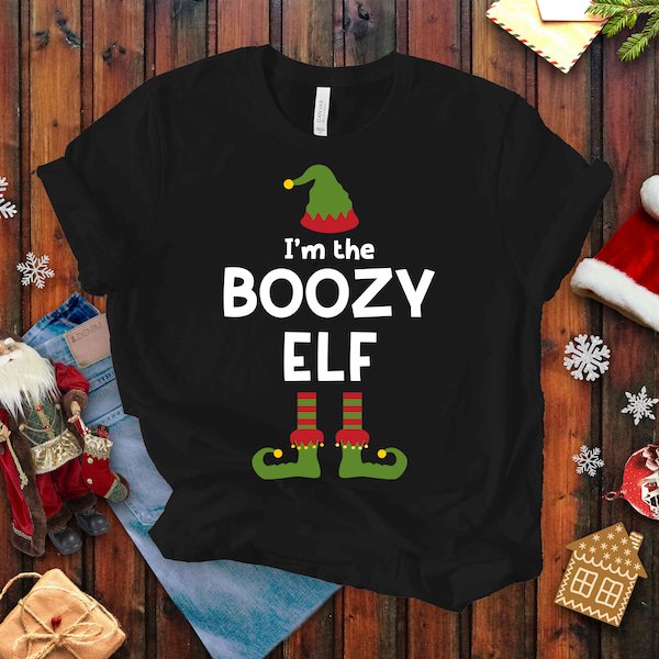 Boozy Elf Christmas Tshirt for Men and Women, Alcohol Drinking Gift