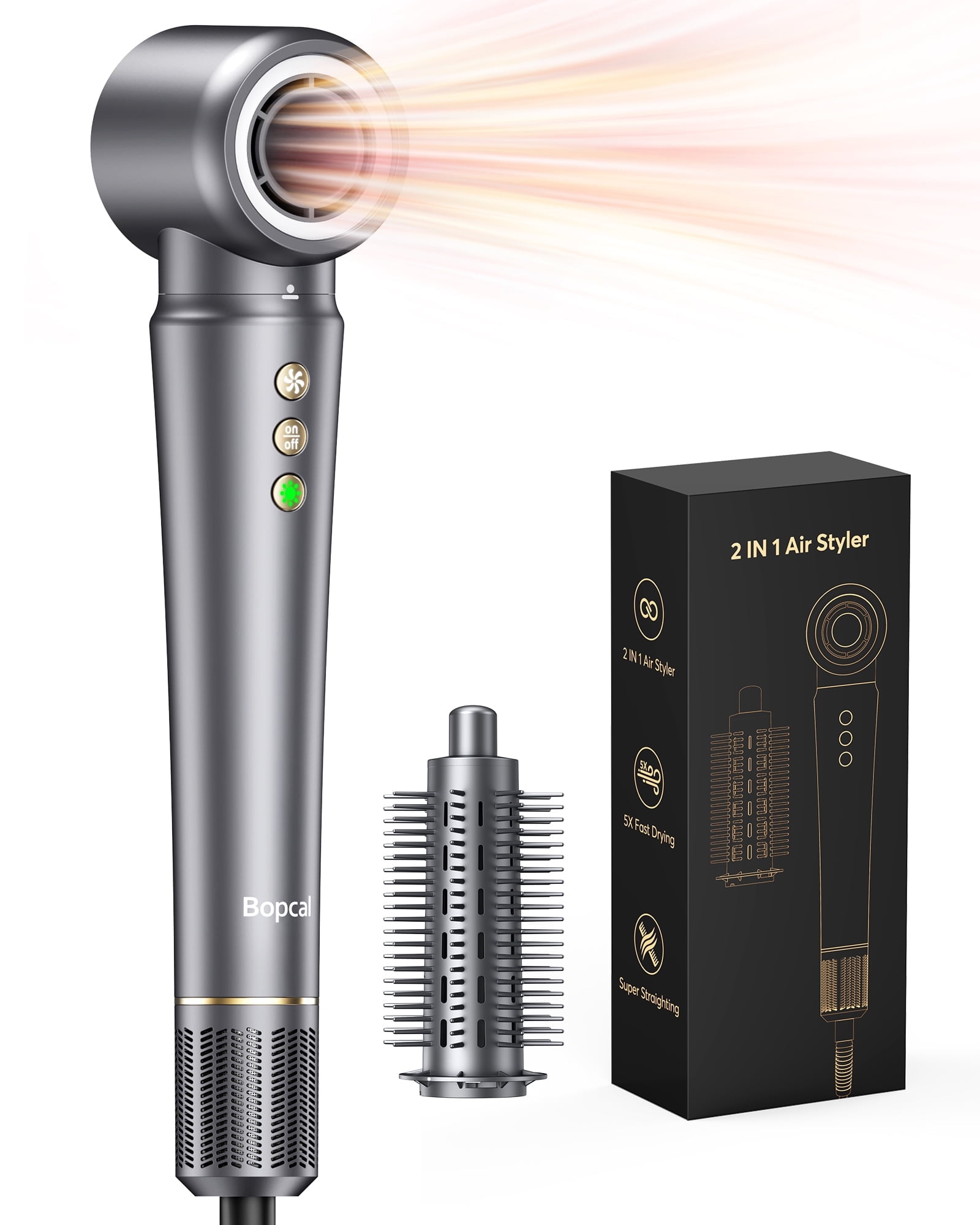Bopcal 2 in 1 Hair Dryer Brush for Travel -  Fast Drying and Straightening, Negative Ionic Hair Dryer, Auto-Rotating Round Brush,for All Hair Types,Gray