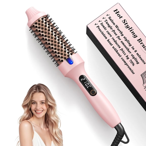Bopcal Thermal Brush for Blowout Look – 1.5 Inch Heated Round Brush with Negative Ions, Dual Voltage, Dual PTC, 6 Heat Setting, Travel-Friendly, Pink