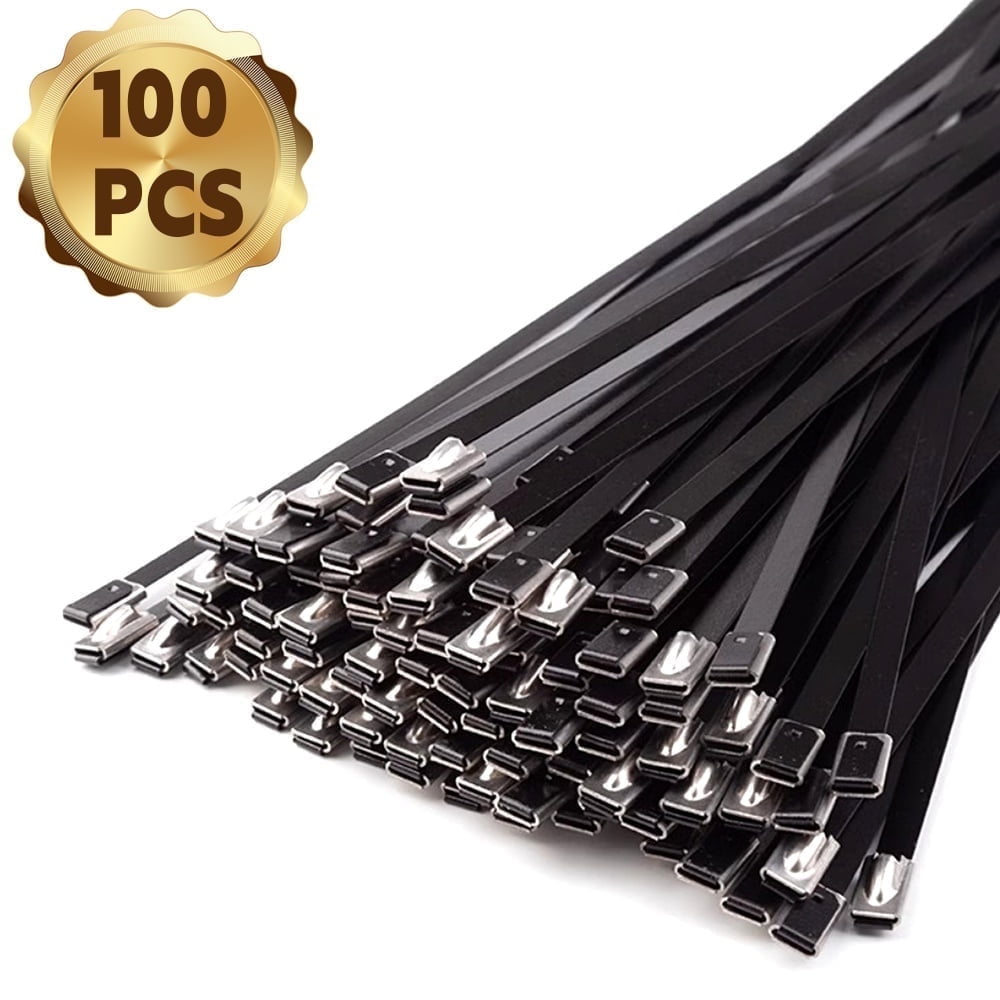 Aroono 50PCS Black Metal Zip Ties - 18 Inch 304 Stainless Steel Epoxy Coated, Self-Locking For Outdoor & Industrial Use