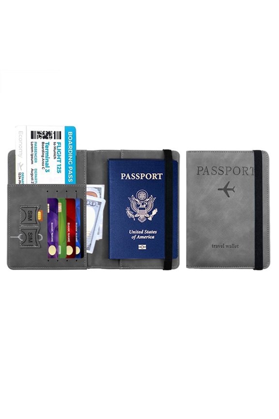 Passport Holder Wallet for Travel, RFID Blocking Leather, Gray
