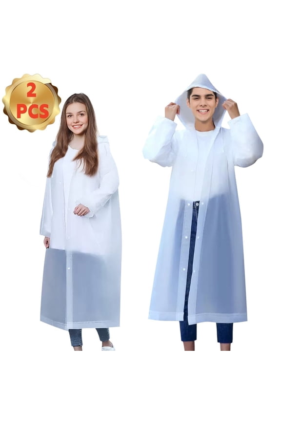 Rain Ponchos for Adults, 2-Pack Emergency Raincoats with Hood and Drawstring, EVA