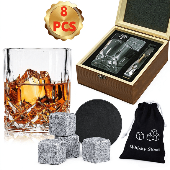 Youersen Whiskey Gift Set, Whiskey Stones, Crystal Glass, and Blessing Card in Elegant Wooden Box, 8 Pcs
