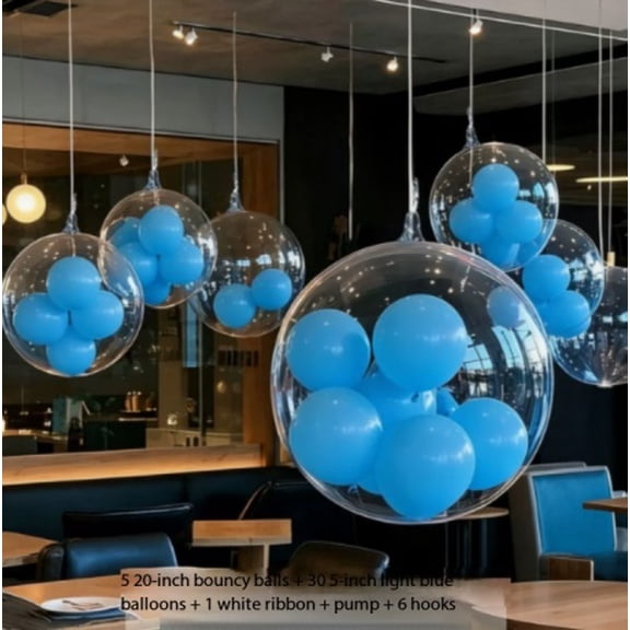 Boppy Balls Set - 5pc 20-Inch Colorful Balls with 30pc 5-Inch Balloons, Air Pump, White Ribbon & 6 Hooks for Parties and Events