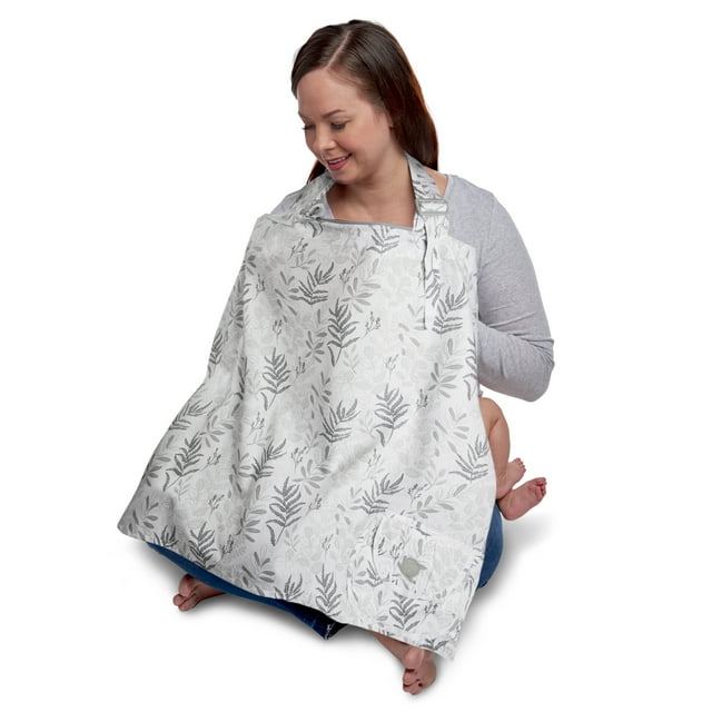 Boppy Nursing Cover for Breastfeeding, Gray Ferns, Apron Style with Storage Pocket, Rigid Neckline to See Baby While Feeding, and Breastfeeding or Pumping Tracker