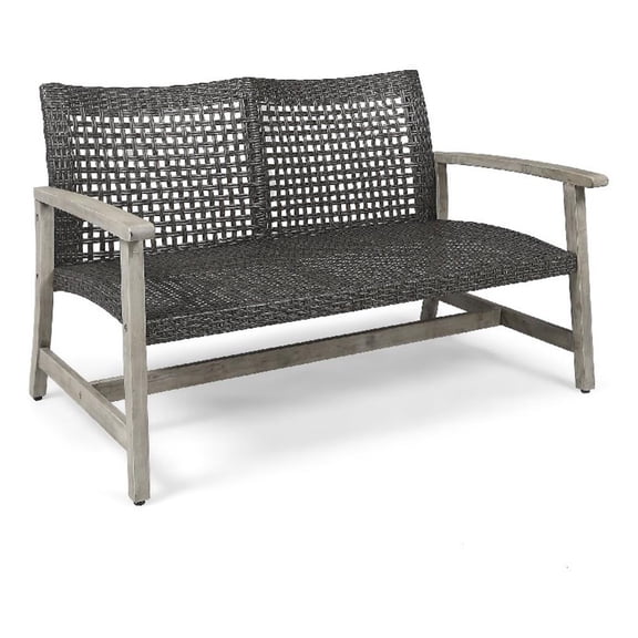 Benjara Bops Outdoor Loveseat- Rustic Acacia Wood Frame- 52 Inch- Gray Wicker