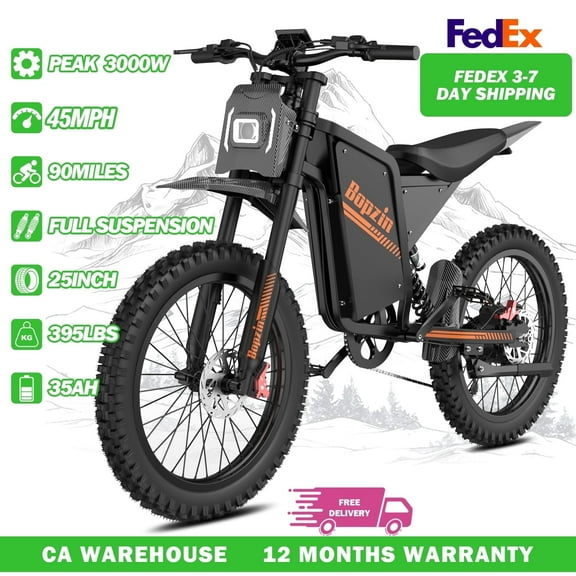 Bopzin 3000W 60V 35Ah Removable Battery Mountain Bike，MTB Electric Dirt Bike for Adults 25"x3.0 Fat Tire Full Suspension Off-Road Bike UL2849