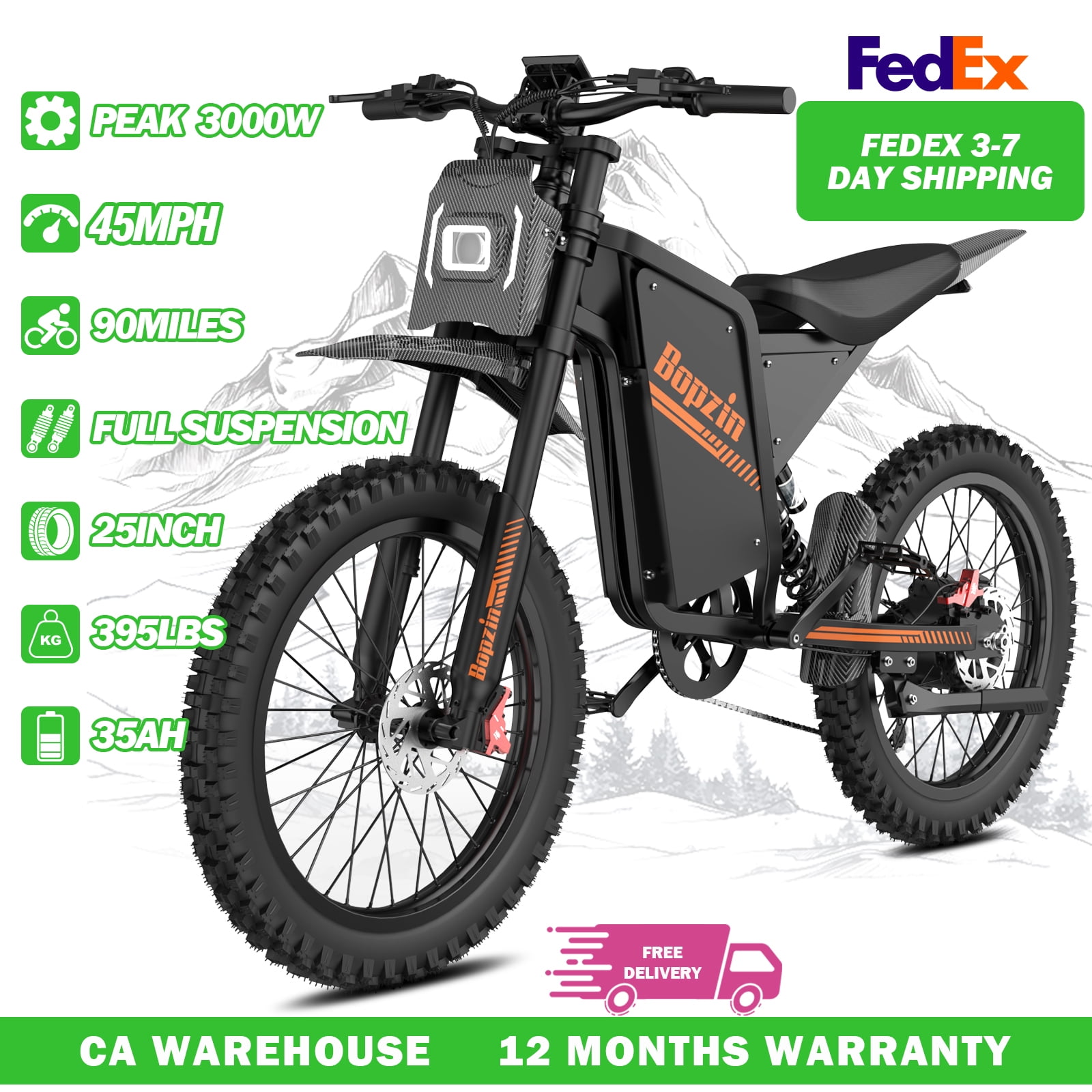 Bopzin 3000W 60V 35Ah Removable Battery Mountain Bike，MTB Electric Dirt Bike for Adults 25"x3.0 Fat Tire Full Suspension Off-Road Bike UL2849