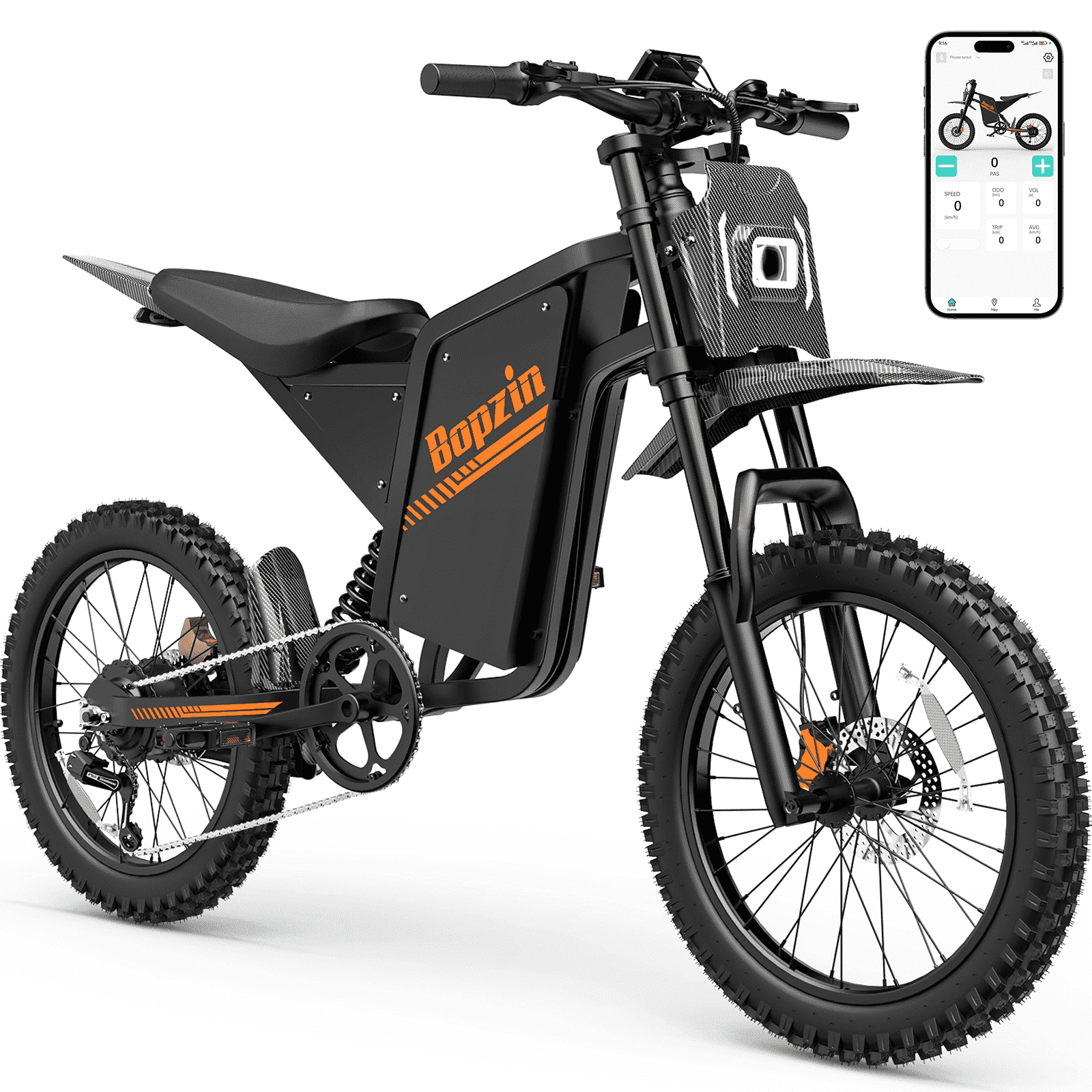 Bopzin Electric Dirt Bike for Adults, Smart App Anti-Theft, 60V 25Ah Up to 100 Miles, 3000W 20"x3.0 Fat Tire Electric Bike UL2849