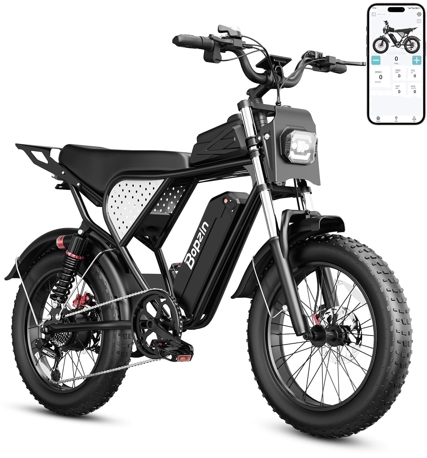 Bopzin Electric Bike for Adults, 1500W Peak App & Anti-Theft, 48V/25Ah, 20"x4.0 Fat Tire Ebike, UL2849 E-Mountain Bike