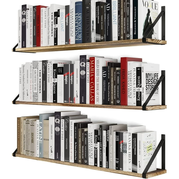 Bora 36 Inch Large Floating Shelves for Wall Storage, Floating Bookshelf Set of 3, Burned Wood Wall Shelves for Books