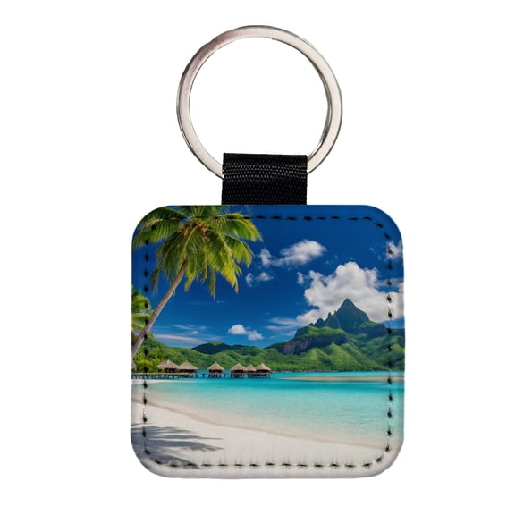 Bora Bora French Polynesia Bungalows Ocean Faux Leather Square Keychain