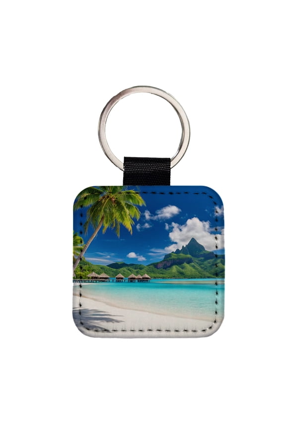Bora Bora French Polynesia Bungalows Ocean Faux Leather Square Keychain