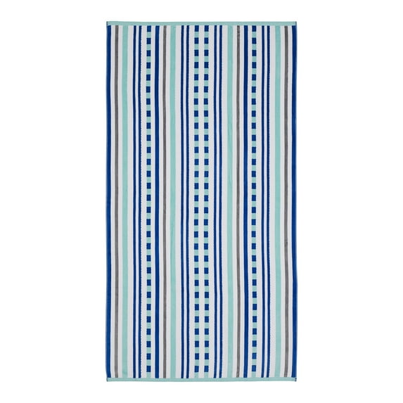 Bora Bora Oversized Beach Towel, 100% Cotton, Poolside Lounging, Soft, Absorbent, Quick Dry, Medium weight, Cotton Terry, Stitch Stripe Pattern Towels , 2PC Set, Aqua Sky by Blue Nile Mills