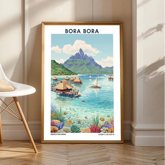 Bora Bora Paradise Print: Vintage Gouache Tropical Island Art, Unframed Poster Size 16x24