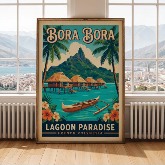 Bora Poster, Retro Travel Vector, Teal And Navy, Travel Inspired Home And Office Decor