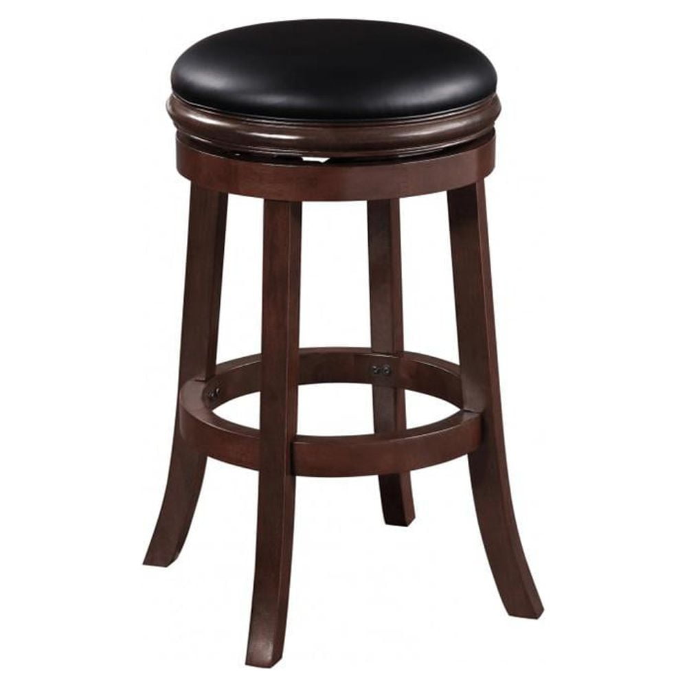 Cappuccino Wood and Black Leather Swivel Backless Bar Stool