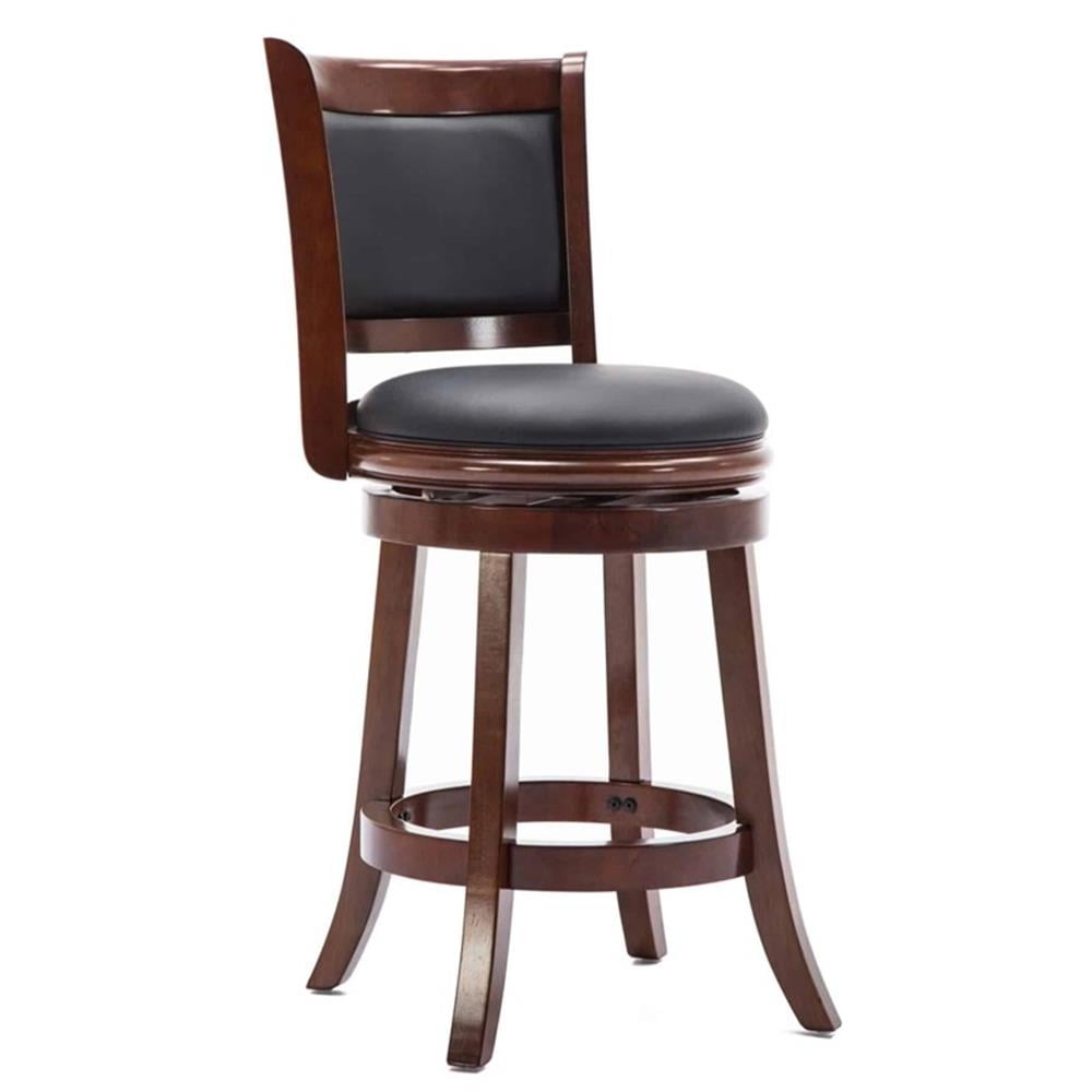 Cherry Wood Swivel Counter Stool with Black Leather Upholstery