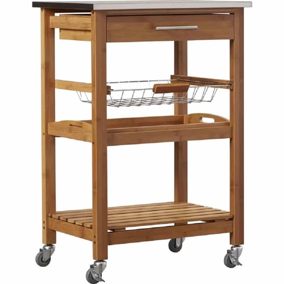 Boraam Aya 23"Wide Bamboo Storage Kitchen Cart with Stainless Steel Top - Natural Finish