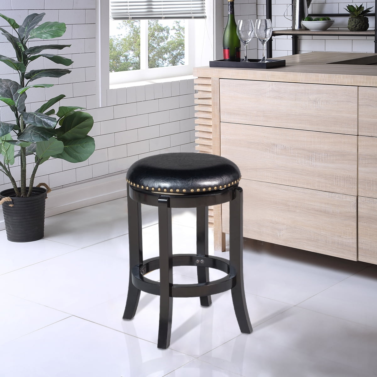 Cordova 24'' Traditional Black Leather Swivel Counter Stool