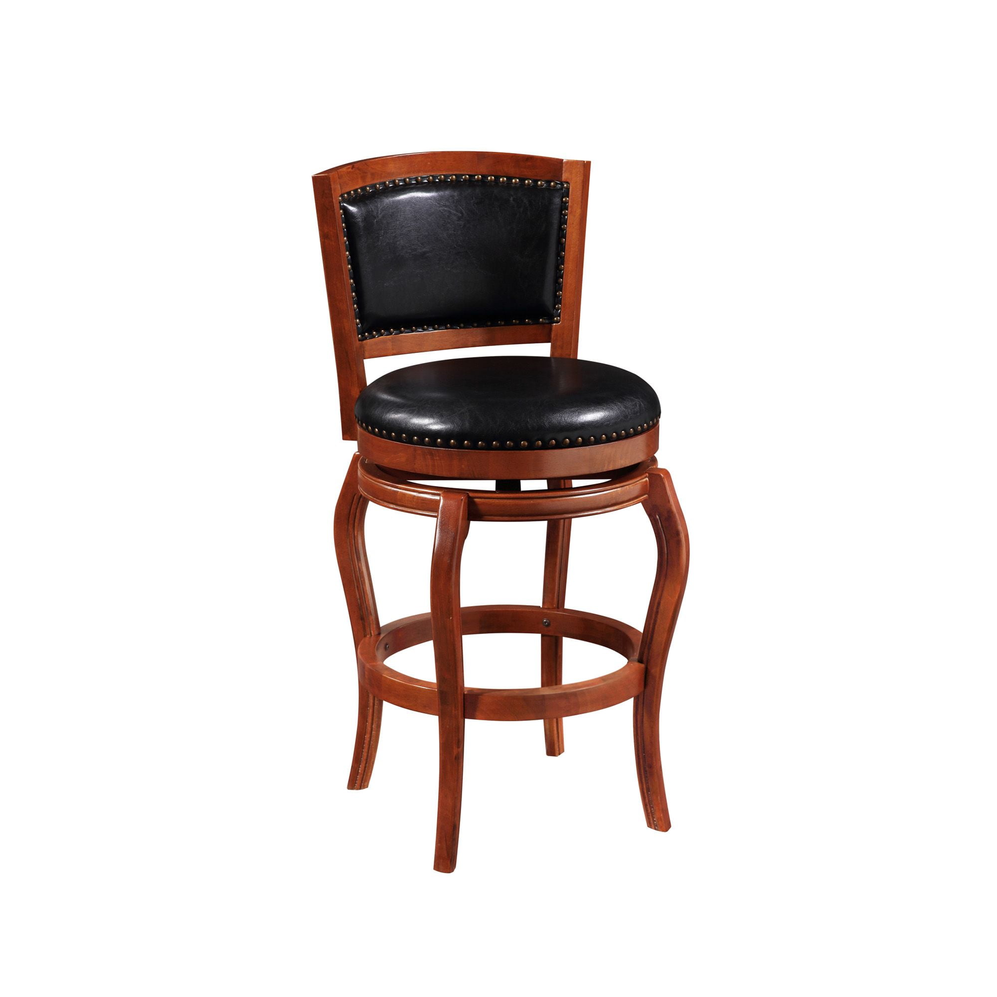 Cherry Hardwood & Black Leather 44.5" Swivel Barstool with Brass Accents