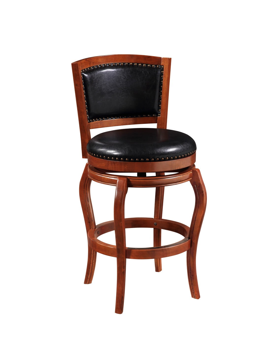 Cherry Hardwood & Black Leather 44.5" Swivel Barstool with Brass Accents