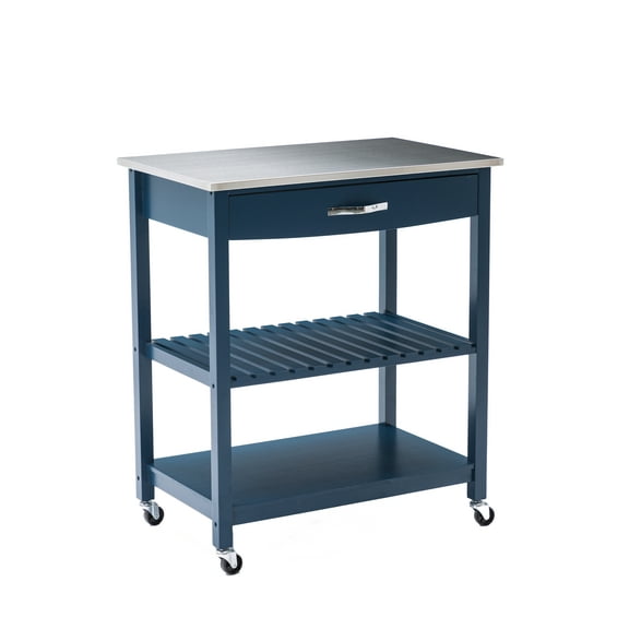 Boraam Holland Wood 36in. Kitchen Cart with Stainless Steel Top, Navy Blue Finish