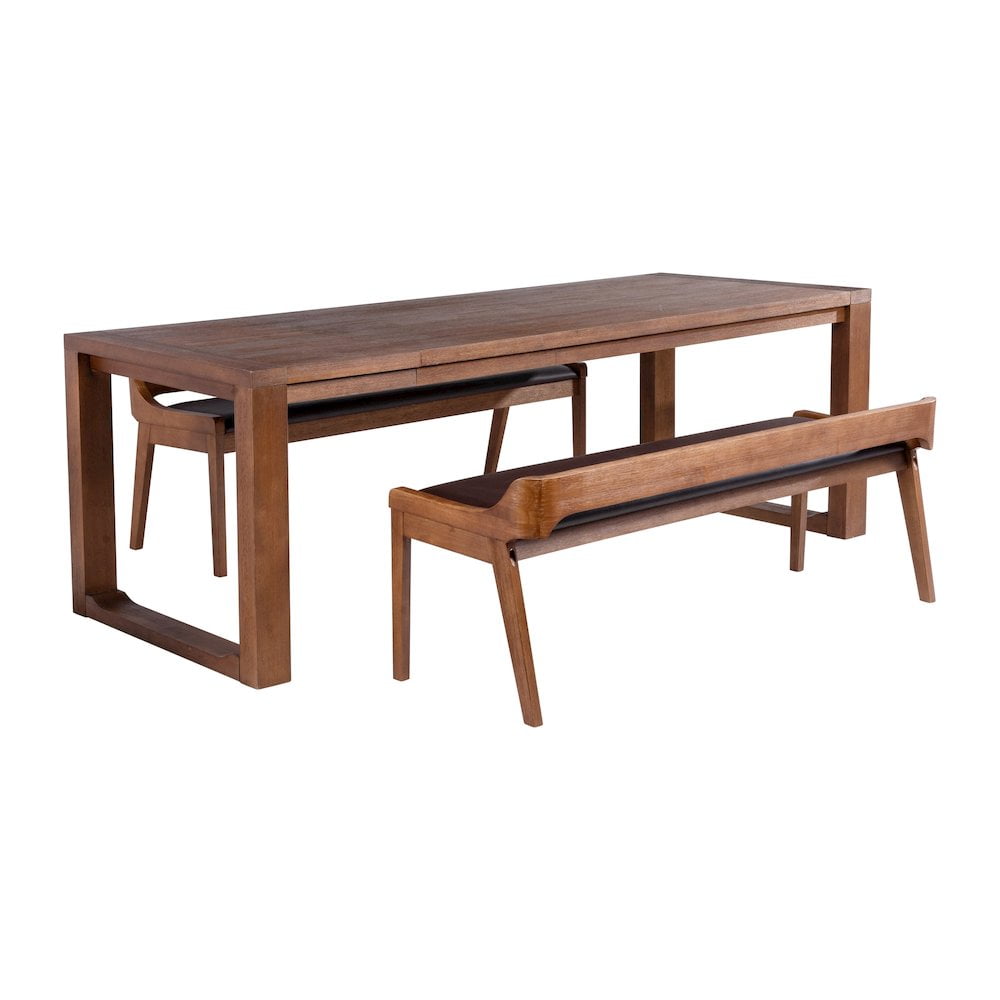 Chestnut Wire-Brush Finish Acacia Wood Dining Set with Faux Leather Benches