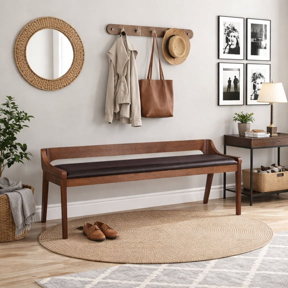 Boraam Rasmus Low Back Acacia Wood Dining Bench with Faux Leather Upholstery