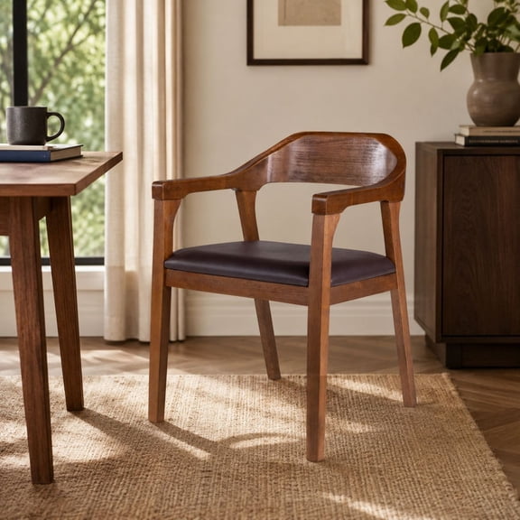 Boraam Rasmus Wood and Faux Leather Dining Armchair, Chestnut Wire-Brush Finish