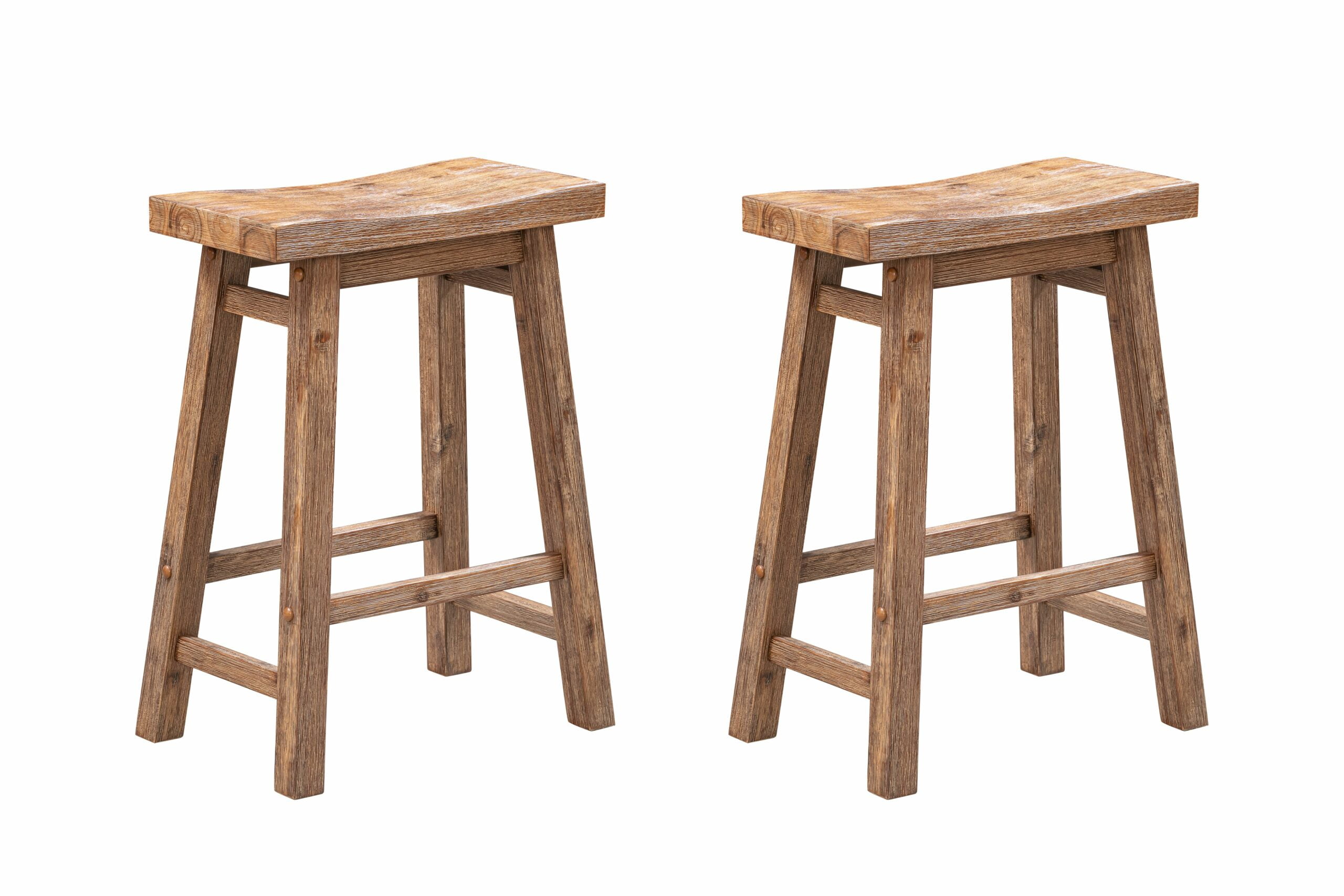 Rustic Acacia Wood Saddle Counter Stools, Barnwood Wire-Brush - Set of 2