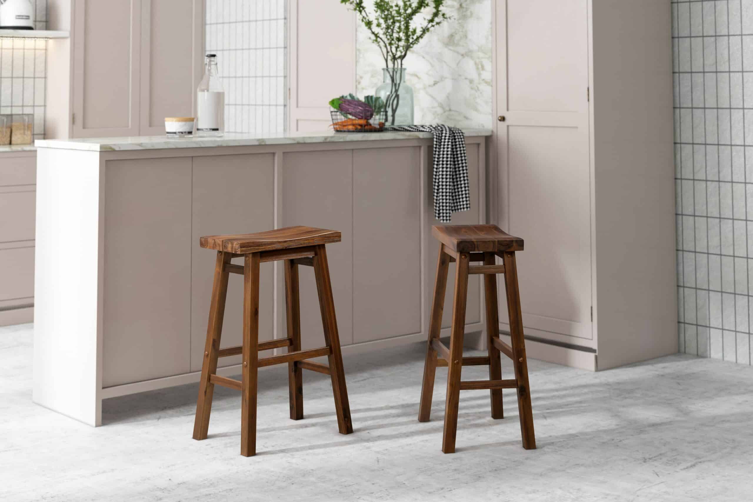 Chestnut Brown Solid Wood Backless Saddle Bar Stools, Set of 2