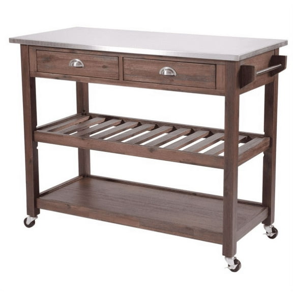 Boraam Sonoma Wood Kitchen Cart with Stainless Steel Top - Chestnut Wire-Brush Finish