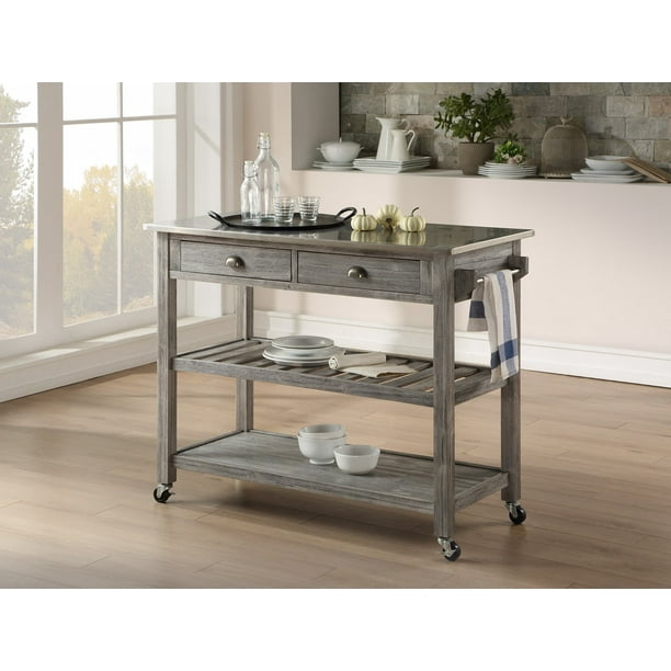 Boraam Sonoma Wood Kitchen Cart with Stainless Steel Top Storm Grey