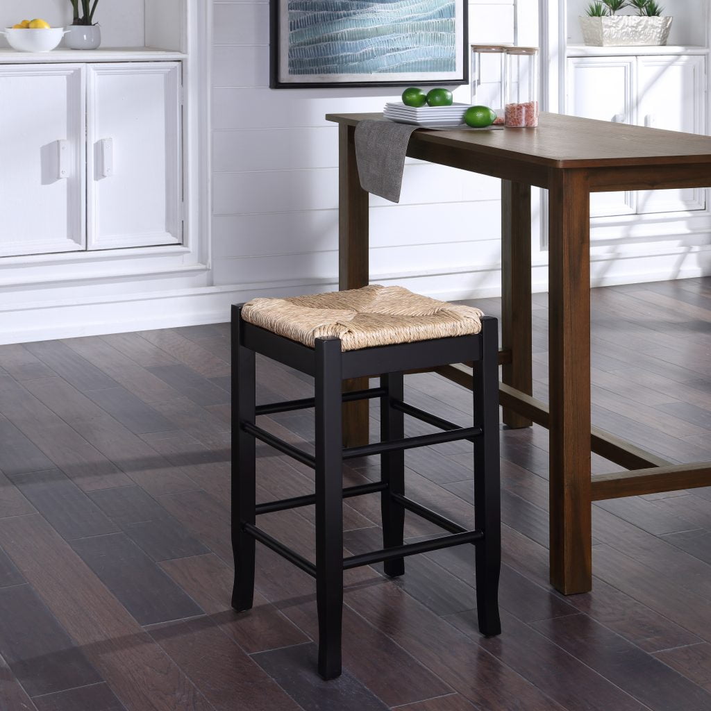 Elegant 24" Swivel Rush Seat Backless Counter Stool, Black