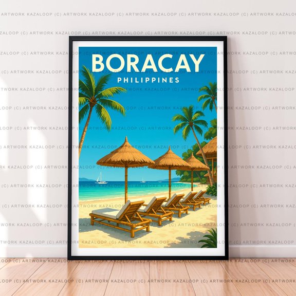Boracay Philippines Illustration Beach Landscape Travel Poster, Travel Inspired Home And Office Decor