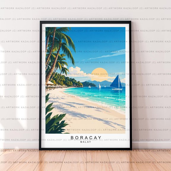 Boracay Philippines Illustration Poster, Travel, Tropical Beach Island, Travel Inspired Home And Office Decor