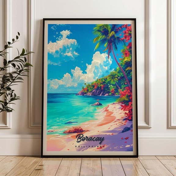 Boracay Philippines White Sand Beach Palm Trees Turquoise Ocean Travel Poster