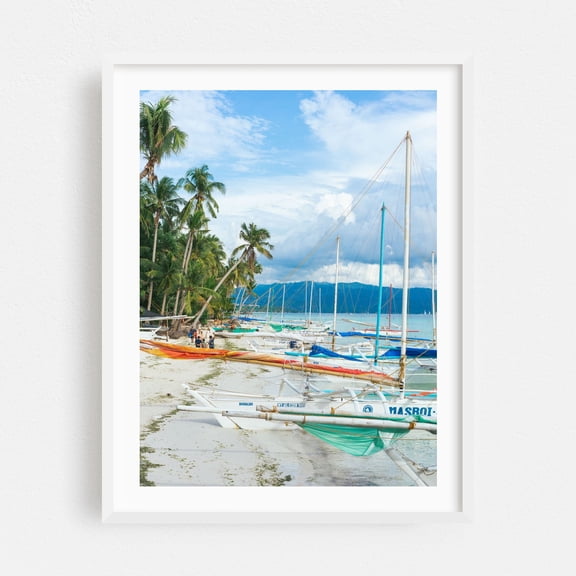 Boracay Under the sun - Malay Western Visayas Philippines Photography Tropical Beach Boat Coast Palm Tree Seaside Ocean White Framed Wall Art Print 5 x 7 inches
