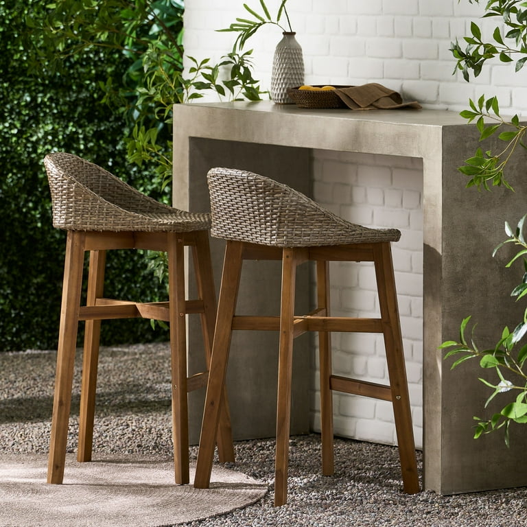 Borah Wicker and Acacia Wood Outdoor Barstools, Set of 2, Light