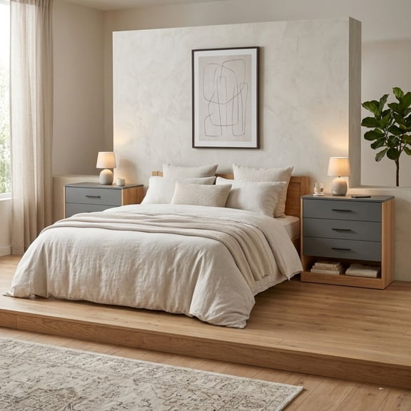 Boras Set of 2 Small Dressers, Minimalist Modern Style, High Capacity Bedroom Storage Furniture, Natural Oak and Gray