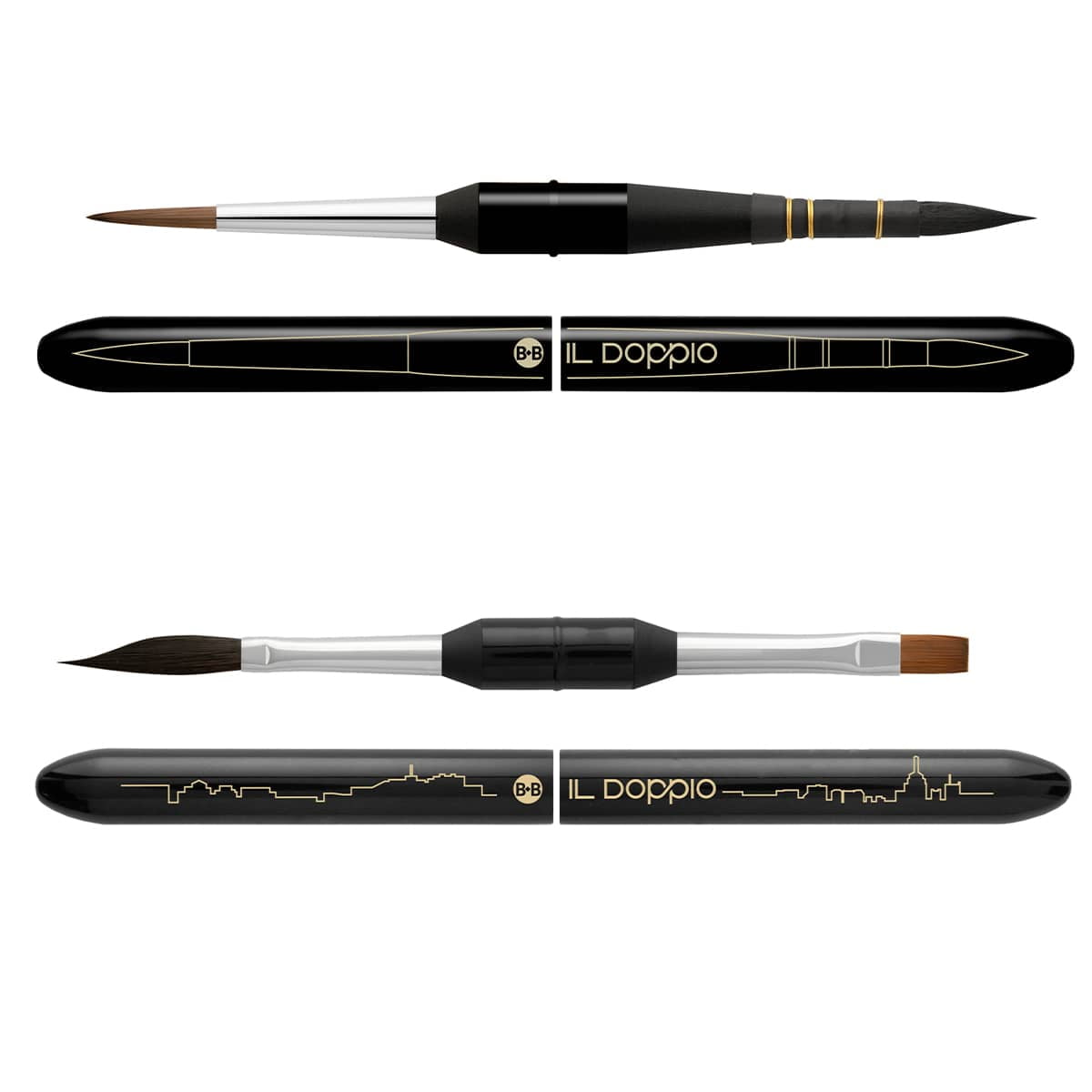 Borciani e Bonazzi Il Doppio Double-Sided 2-in-1 Brush Travel Set, Sizes 1 & 2 - Portable Paintbrush for Urban Sketching, Synthetic Kolinsky, Made in Italy, Vegan, Cruelty-Free