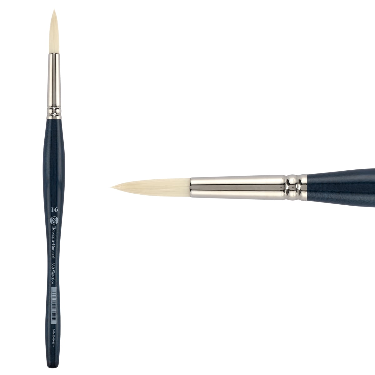 Borciani Bonazzi UNICO Bianco Synthetic Series 830 Paint Brush, Round 16 - Acrylic, Oil, Gel, Impasso Painting - Ergonomic Handle, Cruelty-Free, Brass Ferrule, Handcrafted in Italy
