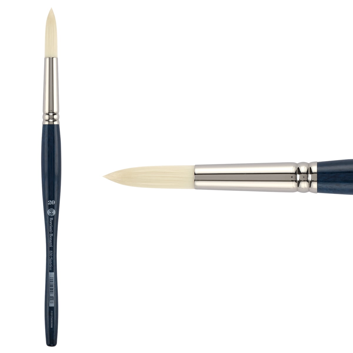 Borciani Bonazzi UNICO Bianco Synthetic Series 830 Paint Brush, Round 20 - Acrylic, Oil, Gel, Impasso Painting - Ergonomic Handle, Cruelty-Free, Brass Ferrule, Handcrafted in Italy