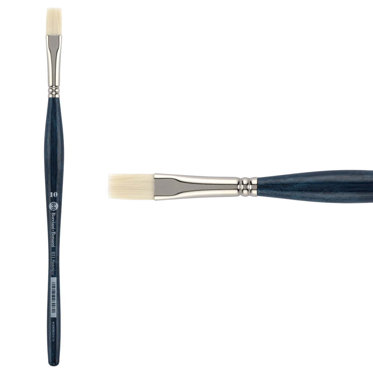 Borciani Bonazzi UNICO Bianco Synthetic Series 831 Paint Brush, Flat 10 - Acrylic, Oil, Gel, Impasso Painting - Ergonomic Handle, Cruelty-Free, Brass Ferrule, Handcrafted in Italy