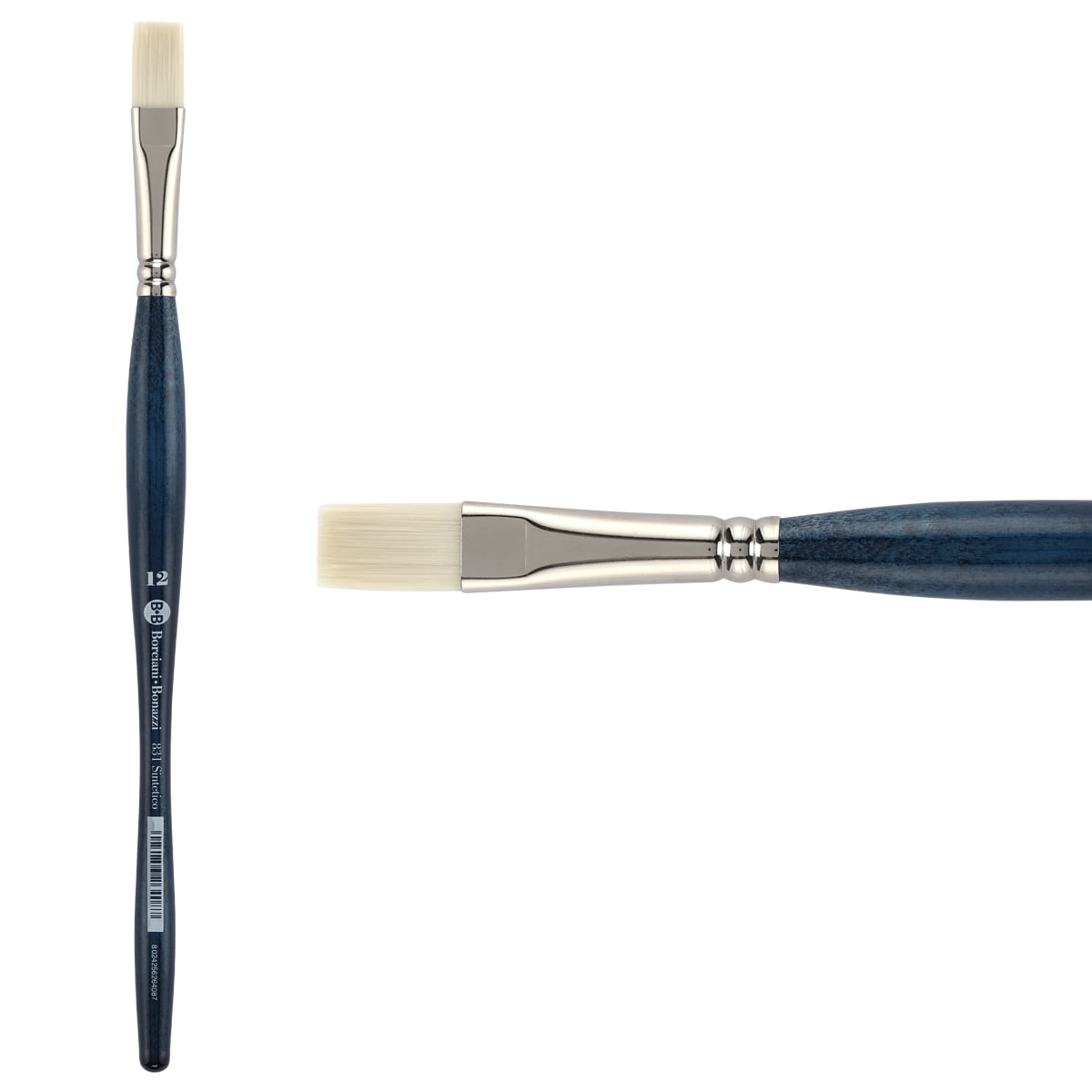 Borciani Bonazzi UNICO Bianco Synthetic Series 831 Paint Brush, Flat 12 - Acrylic, Oil, Gel, Impasso Painting - Ergonomic Handle, Cruelty-Free, Brass Ferrule, Handcrafted in Italy